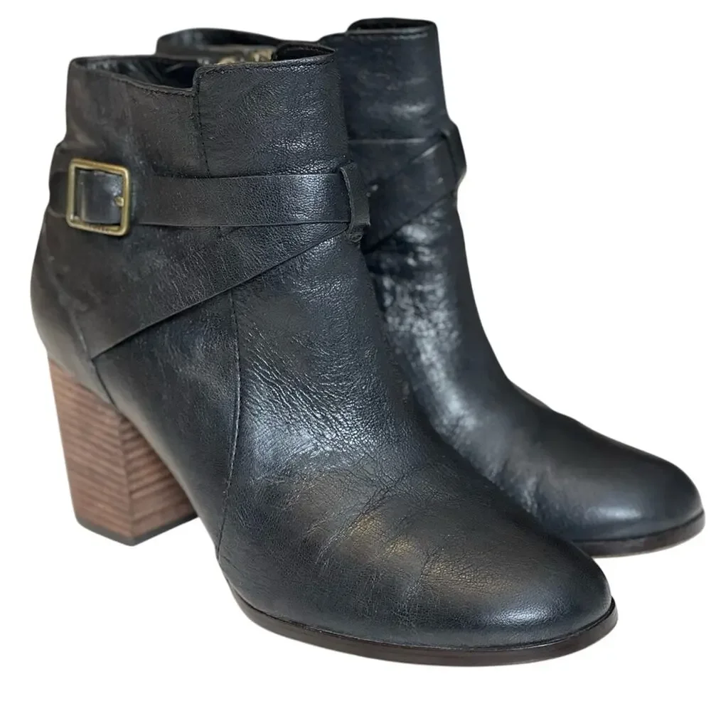 Cole Haan Grand.Os Black Leather Ankle Boots Block Heel Buckle - 8.5 B